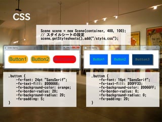 CSS
                 Scene scene = new Scene(container, 400, 100);
                 // スタイルシートの設定
                 scene.getStylesheets().add("/style.css");




.button {                                  .button {
    -fx-font: 24pt "SansSerif";                -fx-font: 16pt "SansSerif";
    -fx-text-fill: #006666;                    -fx-text-fill: #00FF33;
    -fx-background-color: orange;              -fx-background-color: #0066FF;
    -fx-border-radius: 20;                     -fx-border-radius: 0;
    -fx-background-radius: 20;                 -fx-background-radius: 0;
    -fx-padding: 5;                            -fx-padding: 20;
}                                          }
 