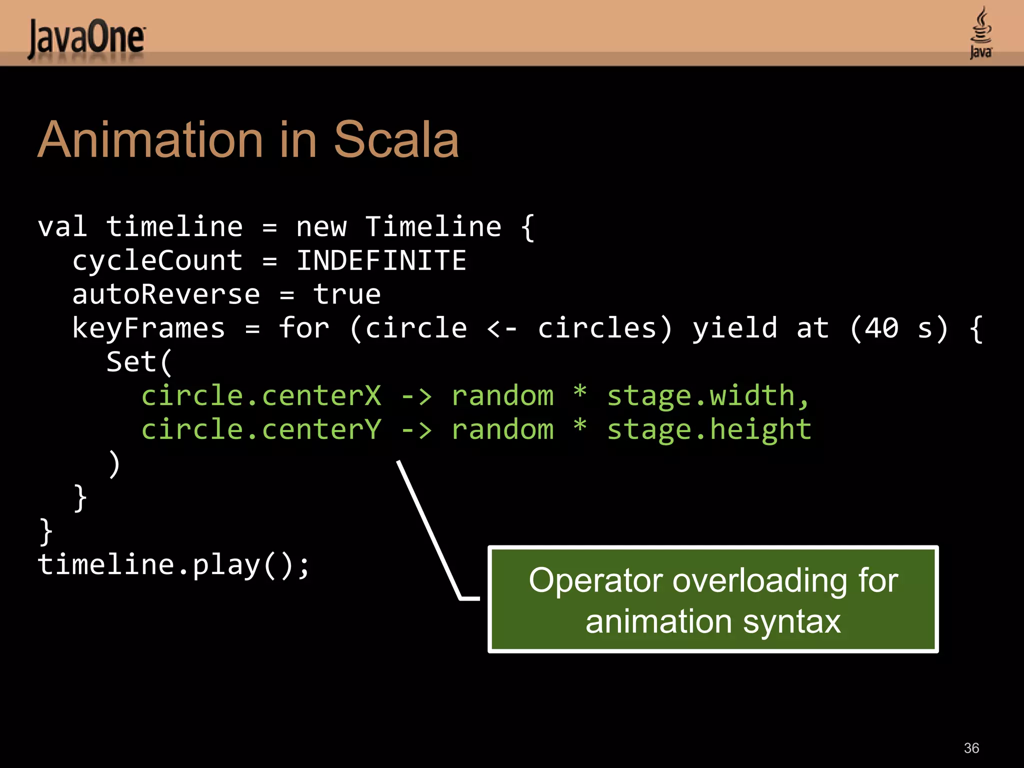 Animation in Scala
val timeline = new Timeline {
  cycleCount = INDEFINITE
  autoReverse = true
  keyFrames = for (circle <- circles) yield at (40 s) {
    Set(
      circle.centerX -> random * stage.width,
      circle.centerY -> random * stage.height
    )
  }
}
timeline.play();
                            Operator overloading for
                               animation syntax


                                                       36
 