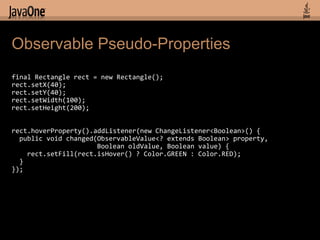 Observable Pseudo-Properties
final Rectangle rect = new Rectangle();
rect.setX(40);
rect.setY(40);
rect.setWidth(100);
rec...