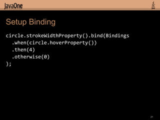 Setup Binding
circle.strokeWidthProperty().bind(Bindings
   .when(circle.hoverProperty())
   .then(4)
   .otherwise(0)
);
...