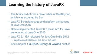 Learning the history of JavaFX

    • The brainchild of Chris Oliver while at SeeBeyond,
      which was acquired by Sun
    • JavaFX Script language and platform announced
      at JavaOne 2007
    • Oracle implemented JavaFX 2 as an API for Java,
      announced at JavaOne 2010
    • JavaFX 2.1 GA released for JavaOne India 2012
          – Windows and OS/X now GA, Linux GA soon
    • See Chapter 1 A Brief History of JavaFX section


8   Copyright © 2011, Oracle and/or its affiliates. All rights   Insert Information Protection Policy Classification from Slide 8
    reserved.
 