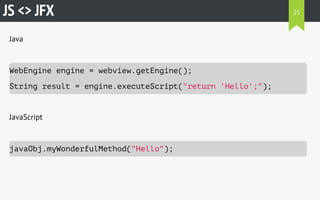 JS <> JFX 
Java 
WebEngine engine = webview.getEngine(); 
String result = engine.executeScript("return 'Hello';"); 
JavaScript 
javaObj.myWonderfulMethod("Hello"); 
25 
 