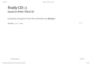 20.10.2015 JavaFX8 - TestFX - CDI - JUG
http://localhost:63342/java-courses/doc/javafx-testfx-tdd.html#1 131/164
finally CDI ;-)
based on Weld / WELD-SE
instances are given from the container via @Inject
@SvenRuppert
@InjectListlist; JAVA
132/165
 