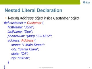 Nested Literal Declaration
• Nesting Address object inside Customer object
def customer = Customer {
  firstName: "John";
  lastName: "Doe";
  phoneNum: "(408) 555-1212";
  address: Address {
      street: "1 Main Street";
      city: "Santa Clara";
      state: "CA";
      zip: "95050";
  }
}                    Sun Confidential: Internal Only   11
 