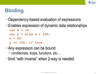 Binding
• Dependency-based evaluation of expressions
• Enables expression of dynamic data relationships
  var x = 10;
  var y = bind x + 100;
  x = 50;
  y == 150; // true
• Any expression can be bound
  > conditionals, loops, functions, etc...
• bind “with inverse” when 2-way is needed


                           Sun Confidential: Internal Only   13
 