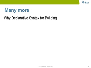 Many more
Why Declarative Syntax for Building




                      Sun Confidential: Internal Only   17
 