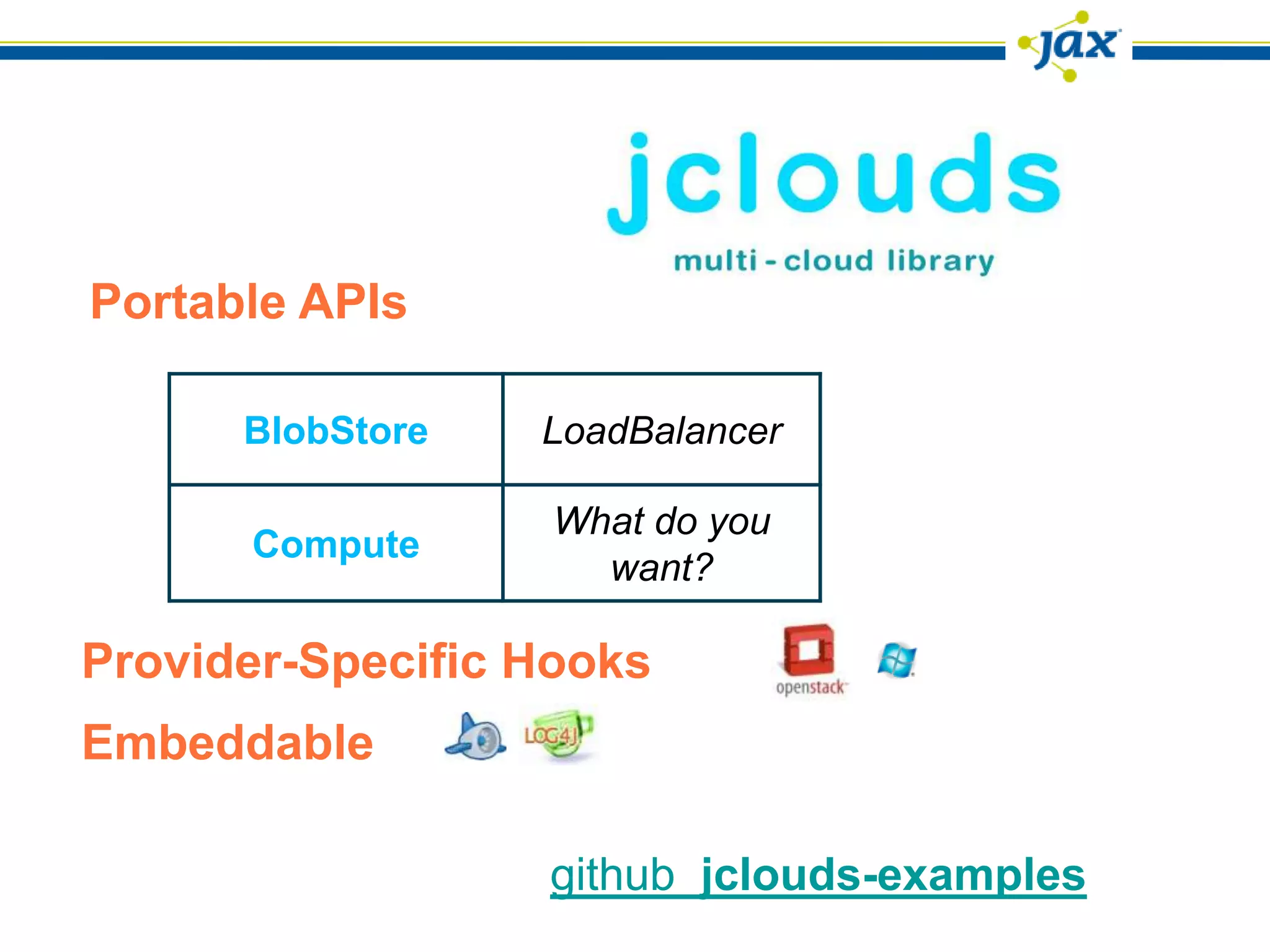 Portable APIs

      BlobStore   LoadBalancer

                   What do you
      Compute
                     want?

Provider-Specific Hooks
Embeddable

                  github jclouds-examples
 