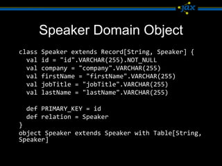 Speaker Domain Object
class   Speaker extends Record[String, Speaker] {
  val   id = "id".VARCHAR(255).NOT_NULL
  val   company = "company".VARCHAR(255)
  val   firstName = "firstName".VARCHAR(255)
  val   jobTitle = "jobTitle".VARCHAR(255)
  val   lastName = "lastName".VARCHAR(255)

 def PRIMARY_KEY = id
 def relation = Speaker
}
object Speaker extends Speaker with Table[String,
Speaker]
 