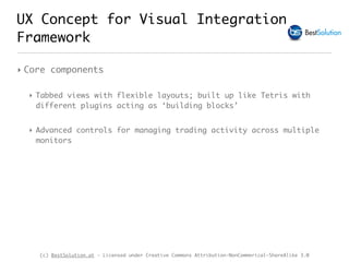 (c) BestSolution.at - Licensed under Creative Commons Attribution-NonCommerical-ShareAlike 3.0
UX Concept for Visual Integration
Framework
‣ Core components
‣ Tabbed views with flexible layouts; built up like Tetris with
different plugins acting as ‘building blocks’
‣ Advanced controls for managing trading activity across multiple
monitors
 