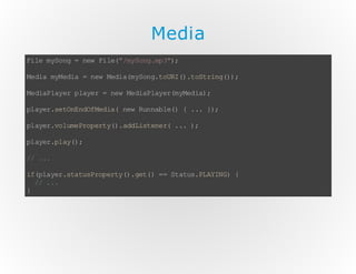 Media
F l m S n = nw F l( /y og m 3)
i e yo g
e i e " m Sn .p ";
M da mM da =n w Md am Sn . oR (. ot ig) ;
e i y ei
e ei ( yo gt UI ) t S rn()
M da ly rp ae = nw M da ly rm Md a ;
e iP a e ly r
e e iP a e( ye i)
p ae .e OE df e i( nw Rn a l( {. . };
l yr s tn nO Md a e u nb e)
. )
p ae .o ue rp r y) ad it n r . .)
l yr v lm Po et (. d Ls ee( . ;
p ae .l y)
l yr p a( ;
/ ..
/ .
i(l yr sa uP o et (. e( = S au.L YN ) {
fpa e .t ts rp ry ) gt ) = t tsP AI G
/ ..
/ .
}

 