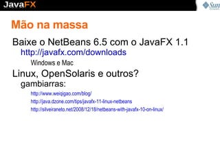 Plataforma Aplicações Conteúdo Serviços Plataforma de Aplicações Elementos Desktop Elementos Para Celular Elementos Para TV Elementos Comuns JavaFX Runtime Máquina Virtual Java Ferramentas Ferramentas de Designers Ferramentas de Desenvolvedores 