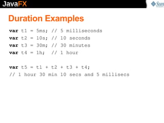 Duration Examples
var   t1   =   5ms;   //   5 milliseconds
var   t2   =   10s;   //   10 seconds
var   t3   =   30m;   //...