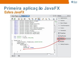 Primeira aplicação JavaFX Neste exemplo, iremos criar uma simples esfera que altera a cor de seu texto enquanto realiza um evento em um certo período de tempo, como mostrado na figura abaixo: Esfera JavaFX  