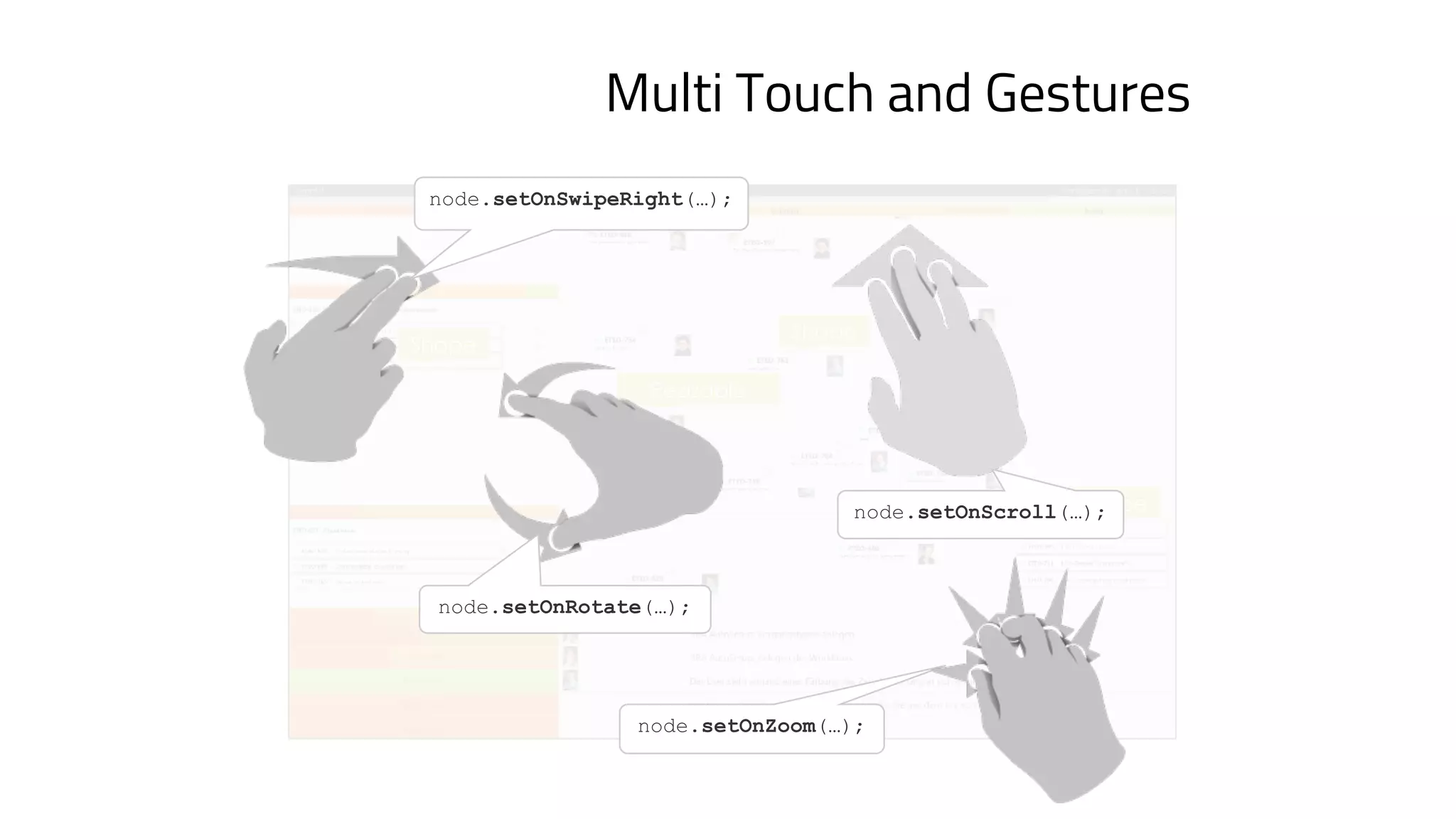 Shape
Shape
Shape
Rezizable
node.setOnSwipeRight(…);
node.setOnRotate(…);
node.setOnZoom(…);
node.setOnScroll(…);
Multi Touch and Gestures
 