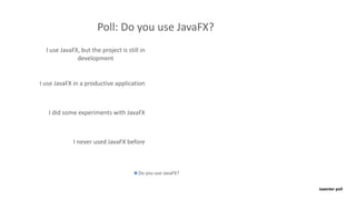 0 20 40 60 80 100 120 140 160
I	never	used	JavaFX	before
I	did	some	experiments	with	JavaFX
I	use	JavaFX	in	a	productive	application
I	use	JavaFX,	but	the	project	is	still	in	
development
Poll:	Do	you	use	JavaFX?
Do	you	use	JavaFX?
Jaxenter poll
38%
29%
20	%
10	%
 