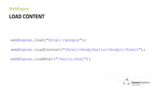 webEngine.load("http://google");
webEngine.loadContent("<html><body>hello</body></html>");
webEngine.loadHtml("/hello.html");
LOAD CONTENT
WebEngine
 