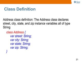 Class Definition Address class definition: The Address class declares street, city, state, and zip instance variables all of type String class Address  { var street: String; var city: String; var state: String; var zip: String; } 