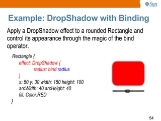 Example: DropShadow with Binding Apply a DropShadow effect to a rounded Rectangle and control its appearance through the magic of the bind operator.  Rectangle { effect: DropShadow { radius: bind  radius } x: 50 y: 30 width: 150 height: 100 arcWidth: 40 arcHeight: 40 fill: Color.RED } 
