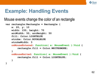 Example: Handling Events Mouse events change the color of an rectangle var rectangle:Rectangle = Rectangle { x: 20, y: 10 width: 150, height: 70 arcWidth: 50, arcHeight: 50 fill: Color.LIGHTBLUE stroke: Color.ROYALBLUE strokeWidth: 3 onMouseEntered :  function( e: MouseEvent ):Void  { rectangle.fill = Color.WHITESMOKE; } onMouseExited :  function( e: MouseEvent ):Void  { rectangle.fill = Color.LIGHTBLUE; } } 