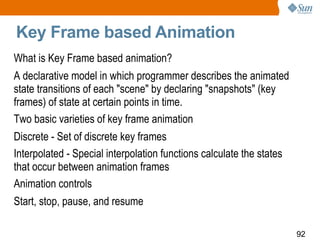 Key Frame based Animation  What is Key Frame based animation? A declarative model in which programmer describes the animated state transitions of each "scene" by declaring "snapshots" (key frames) of state at certain points in time.  Two basic varieties of key frame animation Discrete - Set of discrete key frames Interpolated - Special interpolation functions calculate the states that occur between animation frames Animation controls Start, stop, pause, and resume 