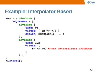 Example: Interpolator Based var t =  Timeline  { keyFrames  : [ KeyFrame  { time : 0s values : [ tx => 0.0 ] action : function() { … }   }, KeyFrame  { time : 10s values : [ tx => 700  tween Interpolator.EASEBOTH ] } ] } t. start (); 