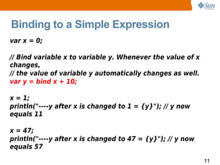 Binding to a Simple Expression
var x = 0;

// Bind variable x to variable y. Whenever the value of x
changes,
// the value of variable y automatically changes as well.
var y = bind x + 10;

x = 1;
println("----y after x is changed to 1 = {y}"); // y now
equals 11

x = 47;
println("----y after x is changed to 47 = {y}"); // y now
equals 57

                                                            11
 