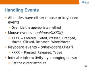 Handling Events
• All nodes have either mouse or keyboard
  events
  > Override the appropriate method
• Mouse events – onMouseXXXX()
  > XXXX = Entered, Exited, Pressed, Dragged,
    Moved, Clicked, Released, WheelMoved
• Keyboard events – onKeyboardXXXX()
  > XXXX = Pressed, Released, Typed
• Indicate interactivity by changing cursor
  > Set the cursor attribute
                                                30
 