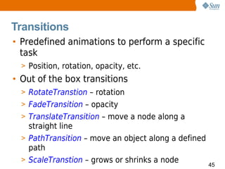 Transitions
• Predefined animations to perform a specific
  task
  > Position, rotation, opacity, etc.
• Out of the box transitions
  > RotateTranstion – rotation
  > FadeTransition – opacity
  > TranslateTransition – move a node along a
    straight line
  > PathTransition – move an object along a defined
    path
  > ScaleTranstion – grows or shrinks a node
                                                      45
 