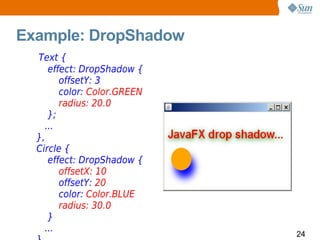 Example: DropShadow
  Text {
     effect: DropShadow {
        offsetY: 3
        color: Color.GREEN
        radius: 20.0
     };
    ...
  },
  Circle {
     effect: DropShadow {
        offsetX: 10
        offsetY: 20
        color: Color.BLUE
        radius: 30.0
     }
    ...
                             24
 
