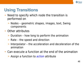 Using Transitions
• Need to specify which node the transition is
  performed on
  > Nodes – geometric shapes, images, text, Swing
    components
• Other attributes
  > Duration – how long to perform the animation
  > Rate – the speed and direction
  > Interpolator – the acceleration and deceleration of the
    animation
• Can execute a function at the end of the animation
  > Assign a function to action attribute
                                                         46
 