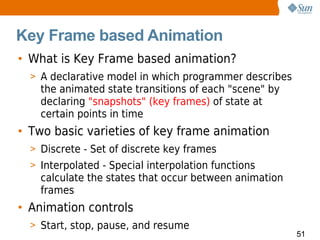 Key Frame based Animation
• What is Key Frame based animation?
  > A declarative model in which programmer describes
    the animated state transitions of each "scene" by
    declaring "snapshots" (key frames) of state at
    certain points in time
• Two basic varieties of key frame animation
  > Discrete - Set of discrete key frames
  > Interpolated - Special interpolation functions
    calculate the states that occur between animation
    frames
• Animation controls
  > Start, stop, pause, and resume
                                                        51
 