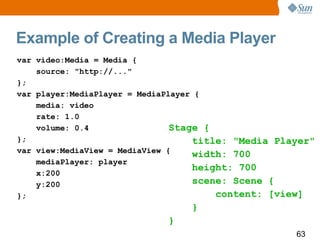 Example of Creating a Media Player
var video:Media = Media {
    source: "http://..."
};
var player:MediaPlayer = MediaPlayer {
    media: video
    rate: 1.0
    volume: 0.4                 Stage {
};                                  title: "Media Player"
var view:MediaView = MediaView {
                                    width: 700
    mediaPlayer: player
                                    height: 700
    x:200
    y:200                           scene: Scene {
};                                      content: [view]
                                 }
                            }
                                                     63
 