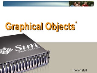 Example of JavaFX Application   Stage {  title: "circle" width: 240 height: 200 scene : { content : [ Circle {  centerX: 50 centerY: 50 radius: 50 fill: Color.RED } ] } } Stage Scene content Circle Stage class defines the container window, size and title  Scene class defines the content to be displayed in the window 