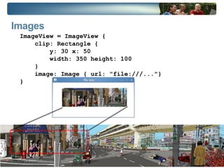 Object Literal class Point {  var x : Integer;  var y : Integer;  function show() { println("Point {x}, {y}") }  } //instance of object literal var myPoint = Point {x: 12,  y: 9} def yourPoint = Point {x: 22,  y: 19} myPoint.show() declarative syntax for object creation 