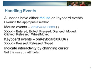 JavaFX Scene Graph Programming Model (cont.) top level container window container that holds the scene graph nodes 