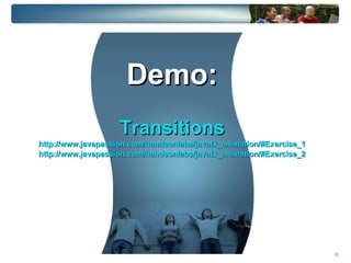 Base Graphical Objects Graphical objects Text, geometric shapes, text, Swing components Some common attributes in nodes Transformation – translate, shear, rotate, scale 
