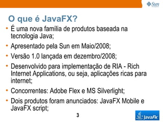 O que é JavaFX? É uma nova família de produtos baseada na tecnologia Java; Apresentado pela Sun em Maio/2008; Versão 1.0 lançada em dezembro/2008; Desenvolvido para implementação de RIA - Rich Internet Applications, ou seja, aplicações ricas para internet; Concorrentes: Adobe Flex e MS Silverlight; Dois produtos foram anunciados: JavaFX Mobile e JavaFX script; 