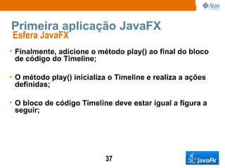 Primeira aplicação JavaFX Esfera JavaFX  Finalmente, adicione o método play() ao final do bloco de código do Timeline; O método play() inicializa o Timeline e realiza a ações definidas; O bloco de código Timeline deve estar igual a figura a seguir; 