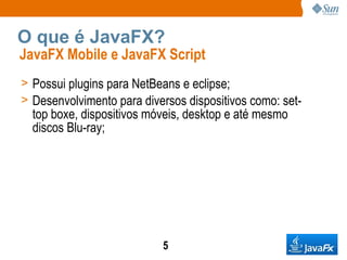 O que é JavaFX? JavaFX Mobile e JavaFX Script Possui plugins para NetBeans e eclipse; Desenvolvimento para diversos dispositivos como: set-top boxe, dispositivos móveis, desktop e até mesmo discos Blu-ray;  