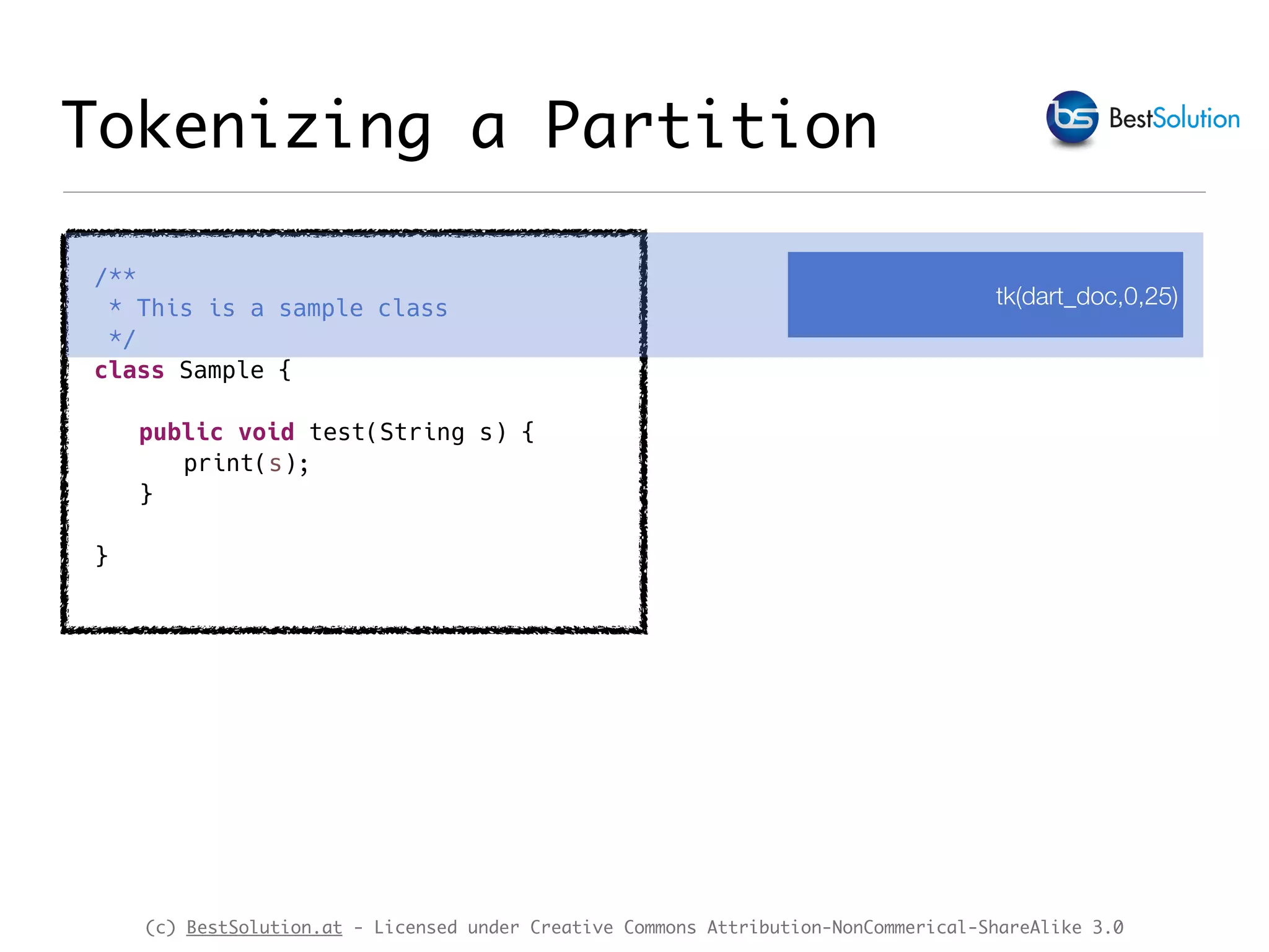 (c) BestSolution.at - Licensed under Creative Commons Attribution-NonCommerical-ShareAlike 3.0 Tokenizing a Partition /** * This is a sample class */ class Sample { public void test(String s) { print(s); } } tk(dart_doc,0,25) 