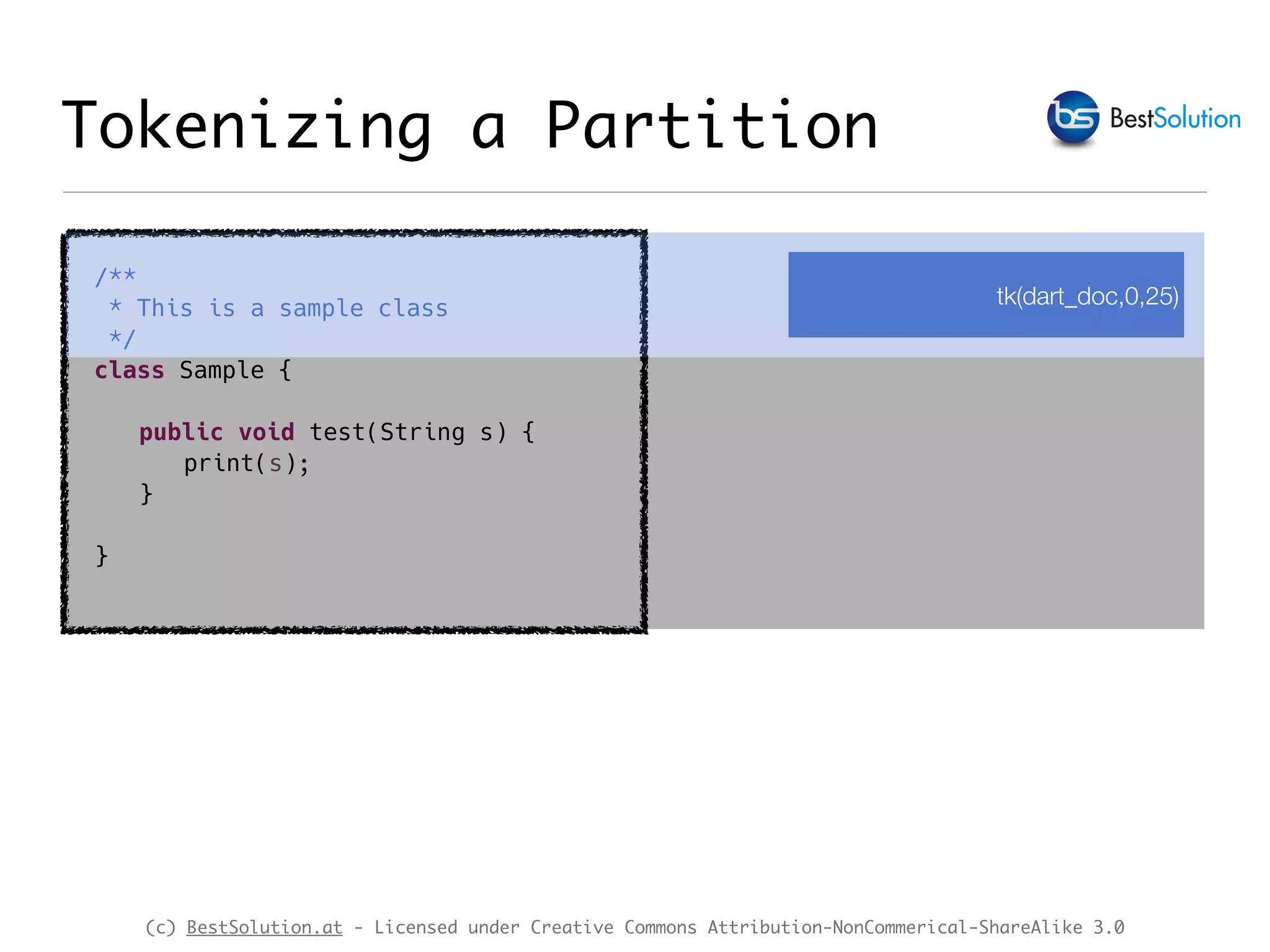 (c) BestSolution.at - Licensed under Creative Commons Attribution-NonCommerical-ShareAlike 3.0 Tokenizing a Partition /** * This is a sample class */ class Sample { public void test(String s) { print(s); } } tk(dart_doc,0,25) 