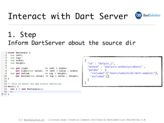 (c) BestSolution.at - Licensed under Creative Commons Attribution-NonCommerical-ShareAlike 3.0
Interact with Dart Server
1. Step 
Inform DartServer about the source dir
{
"id" : "default_1",
"method" : "analysis.setAnalysisRoots" ,
"params" : {
"included":["/Users/tomschindl/dart-samples/"],
"excluded":[]
}
}
 