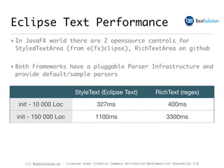 (c) BestSolution.at - Licensed under Creative Commons Attribution-NonCommerical-ShareAlike 3.0
Eclipse Text Performance
StyleText (Eclipse Text) RichText (regex)
init - 10 000 Loc 327ms 400ms
init - 150 000 Loc 1100ms 3300ms
‣ In JavaFX world there are 2 opensource controls for
StyledTextArea (from e(fx)clipse), RichTextArea on github
‣ Both Frameworks have a pluggable Parser Infrastructure and
provide default/sample parsers
 