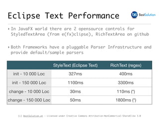 (c) BestSolution.at - Licensed under Creative Commons Attribution-NonCommerical-ShareAlike 3.0
Eclipse Text Performance
StyleText (Eclipse Text) RichText (regex)
init - 10 000 Loc 327ms 400ms
init - 150 000 Loc 1100ms 3300ms
change - 10 000 Loc 30ms 110ms (*)
change - 150 000 Loc 50ms 1800ms (*)
‣ In JavaFX world there are 2 opensource controls for
StyledTextArea (from e(fx)clipse), RichTextArea on github
‣ Both Frameworks have a pluggable Parser Infrastructure and
provide default/sample parsers
 