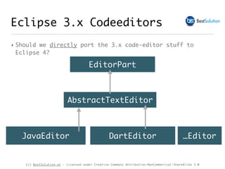 (c) BestSolution.at - Licensed under Creative Commons Attribution-NonCommerical-ShareAlike 3.0
Eclipse 3.x Codeeditors
‣ Should we directly port the 3.x code-editor stuff to
Eclipse 4?
EditorPart
AbstractTextEditor
JavaEditor DartEditor …Editor
 