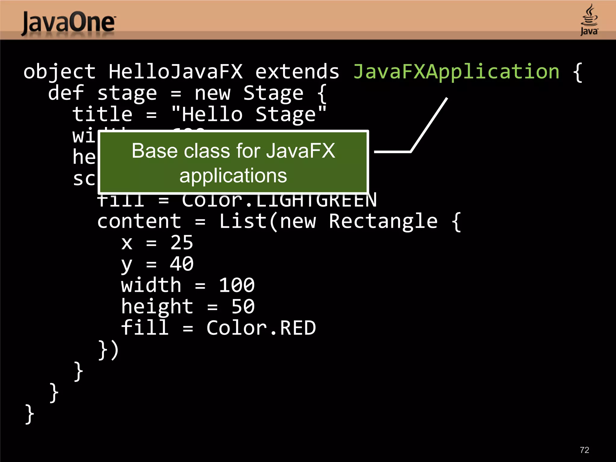 object HelloJavaFX extends JavaFXApplication { def stage = new Stage { title = "Hello Stage" width = 600 height = 450 for JavaFX Base class applications scene = new Scene { fill = Color.LIGHTGREEN content = List(new Rectangle { x = 25 y = 40 width = 100 height = 50 fill = Color.RED }) } } } 72 