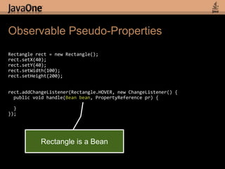 Observable Pseudo-PropertiesRectangle rect = new Rectangle();rect.setX(40);rect.setY(40);rect.setWidth(100);rect.setHeight(200);rect.addChangeListener(Rectangle.HOVER, new ChangeListener() {  public void handle(Bean bean, PropertyReference pr) {  }});Rectangle is a Bean