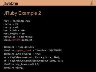 ‘Closure conversion’ for interfacesJava in JRuby  - Accessing Propertiestimeline.setAutoReverse(true)timeline.autoReverse = truetimeline.auto_reverse = truetimeline.getKeyFrames().add(kf)timeline.key_frames.add(kf)timeline.key_frames.addkf