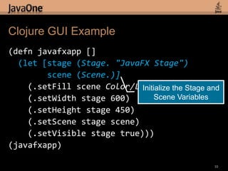 Clojure GUI Example(defnjavafxapp []  (let [stage (Stage. "JavaFX Stage")        scene (Scene.)]    (.setFill scene Color/LIGHTGREEN)    (.setWidth stage 600)    (.setHeight stage 450)    (.setScene stage scene)    (.setVisible stage true)))(javafxapp)31