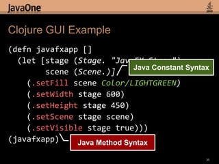 Clojure GUI Example(defnjavafxapp [](let [stage (Stage. "JavaFX Stage")        scene (Scene.)]    (.setFill scene Color/LIGHTGREEN)    (.setWidth stage 600)    (.setHeight stage 450)    (.setScene stage scene)    (.setVisible stage true)))(javafxapp)33Initialize the Stage and Scene Variables